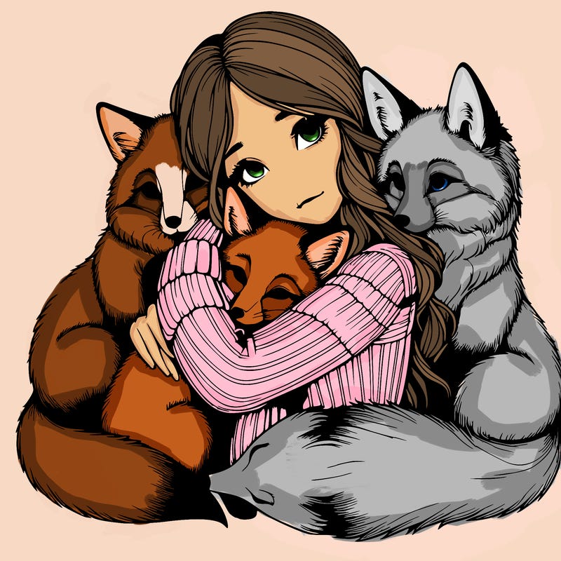 realistic, looking girl hugging, foxes