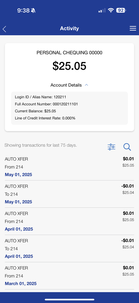 Polish Credit Union Mobile - Activity screen showing personal chequing account balance and transaction history