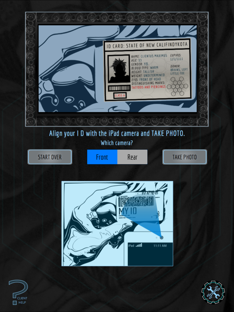 Tattoo Release Forms - Tattoo Release Forms app interface on iPad showing the client ID photo capture step with camera selection options