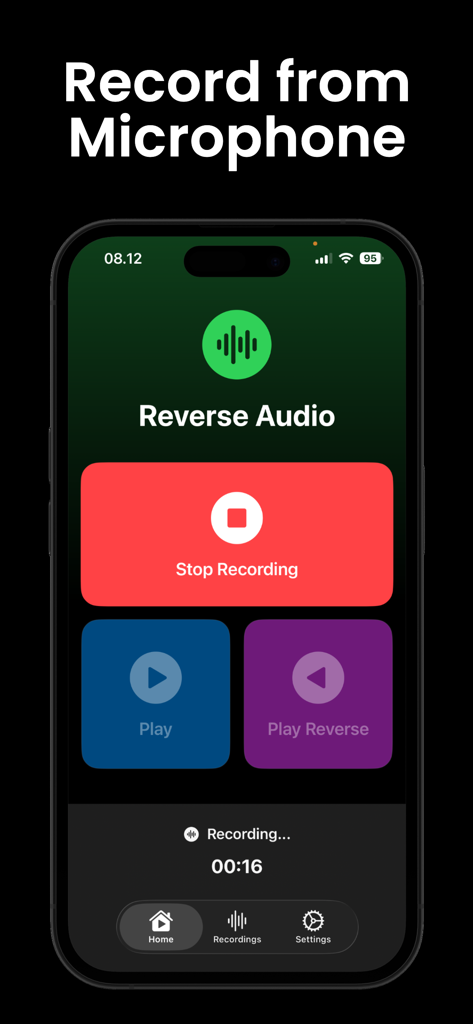 Reverse Audio · - Reverse Audio app recording screen with stop and reverse play buttons