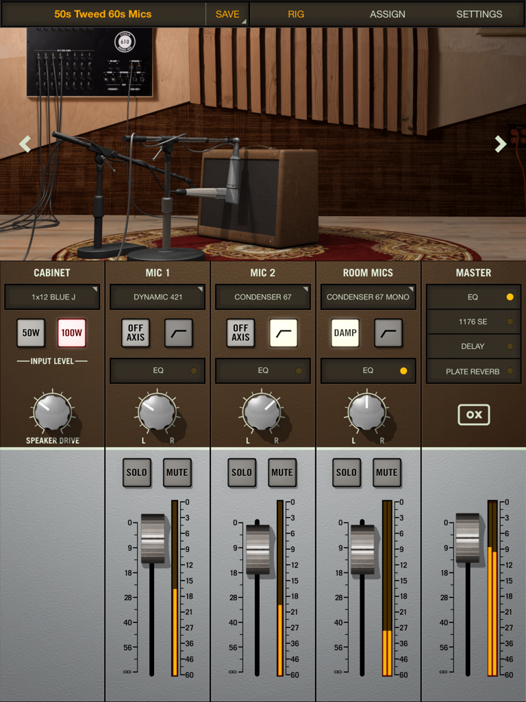 OX | Amp Top Box - Interface for the OX Amp Top Box app with virtual guitar cabinets and microphone mixing settings