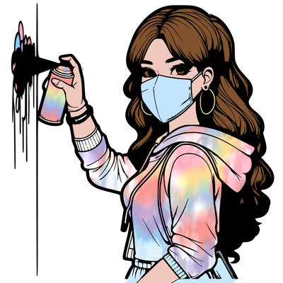 realistic girl with mask spray painting a wall