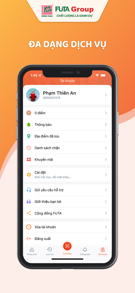 User profile and account settings screen of the FUTA mobile application.