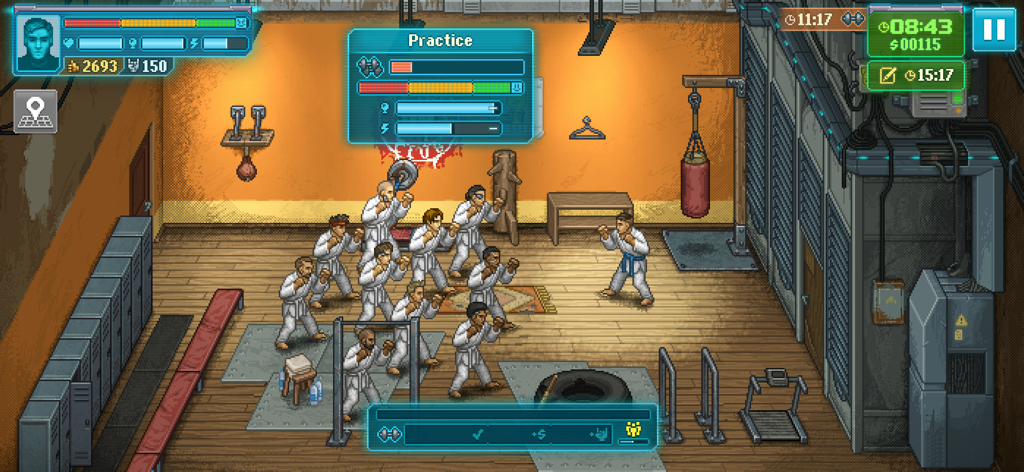 A pixel art gym scene showing characters in martial arts uniforms during a training session