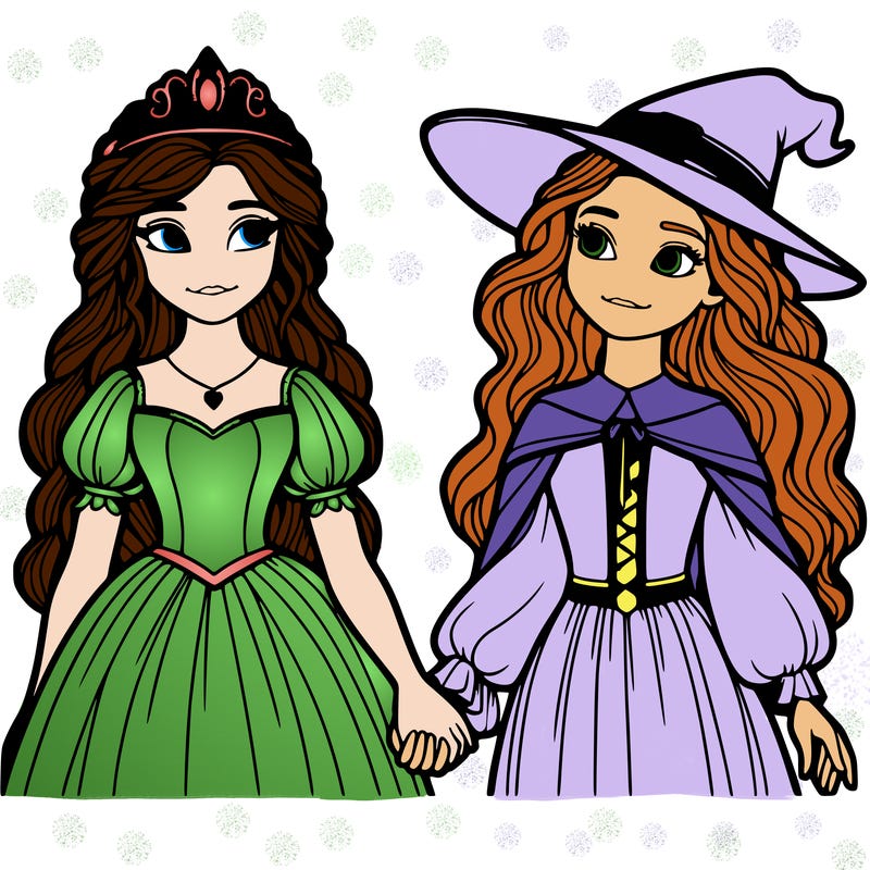 a princess and a witch holding hands realistic