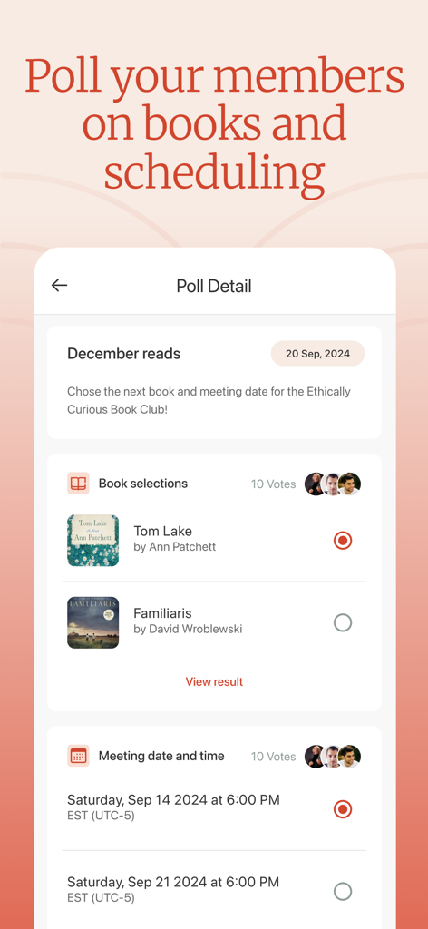 Screenshot of the Bookclubs app showing members voting on book selections and meeting dates through polls.