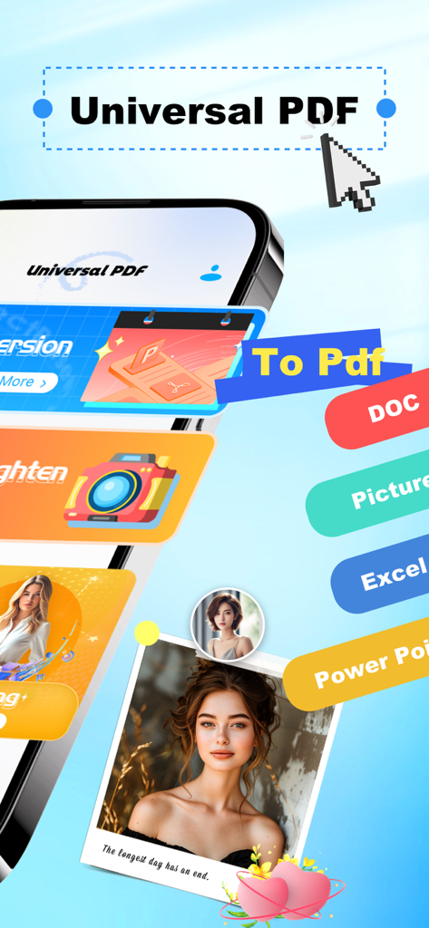 Universal PDF - Universal PDF mobile app interface showing document and photo conversion features to create PDF files