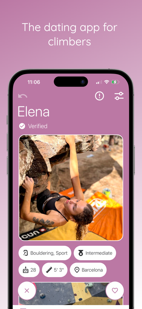 Boulder: Date a Climber - Smartphone screen showing a verified user profile on the Boulder dating app featuring a woman climbing outdoors with interest tags like bouldering and sport