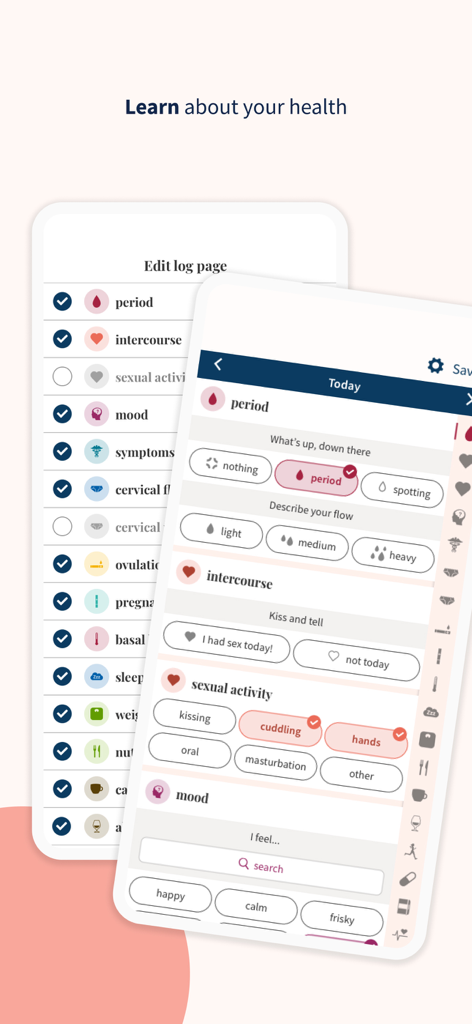 Ovia app screens showing daily health logging for periods, symptoms, and moods.