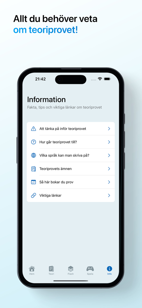 Vägmärken – ta körkort - Information screen of a Swedish driver's license theory test app