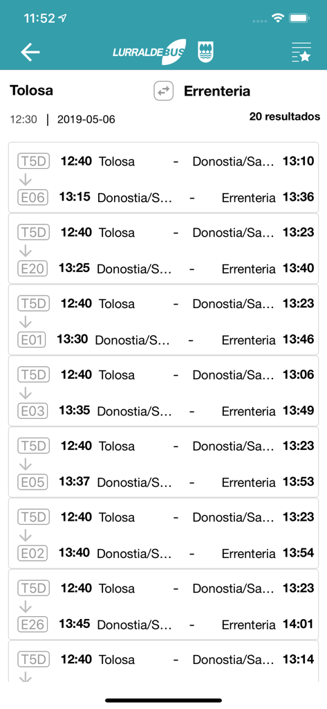 Aplicación LURRALDEBUS mostrando horarios de rutas de autobús y horas de salida de Tolosa a Errenteria