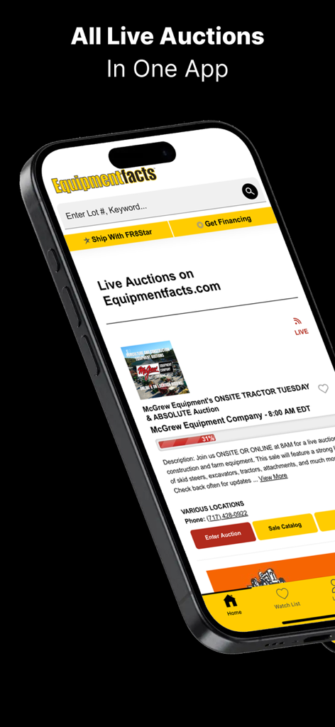 Equipmentfacts Live Auctions - Interfaz de la aplicación Equipmentfacts que muestra un listado de subasta de tractores en vivo en un smartphone