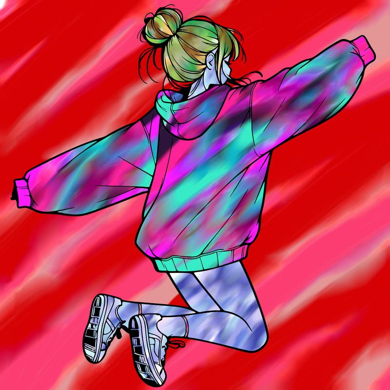realistic girl jumping with a bun and oversized sweatshirt
