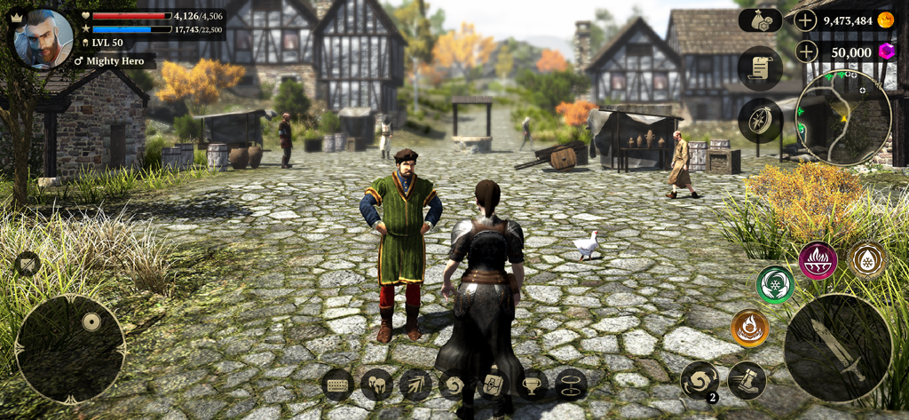 Evil Lands: Epic MMORPG game - Un guerriero parla con un NPC in un villaggio medievale in Evil Lands MMORPG
