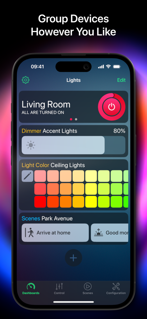 HomeDash - HomeDash app interface showing a customizable lighting dashboard with dimmer sliders color palettes and scene shortcuts