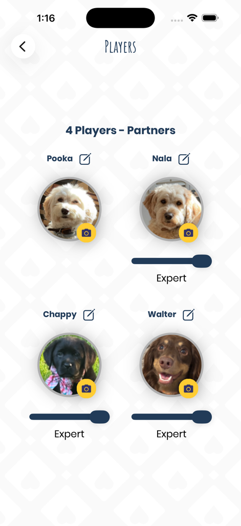 iPitch - Player selection screen in iPitch showing custom dog avatars and difficulty settings