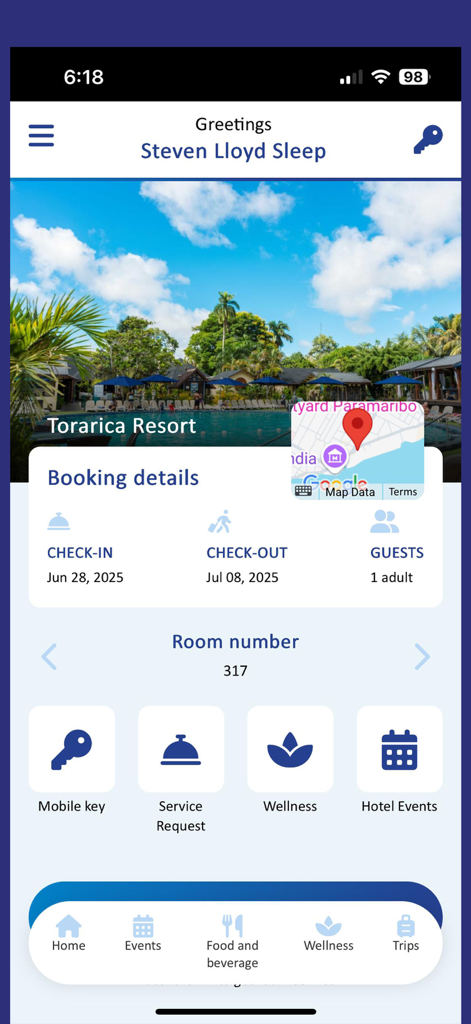 Toraricaアプリのゲストダッシュボード。予約詳細やホテルのサービスオプションが表示されています。