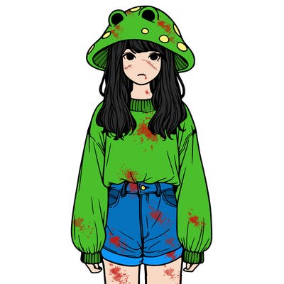 a realistic girl with a frog hat and baggy mushroom shirt