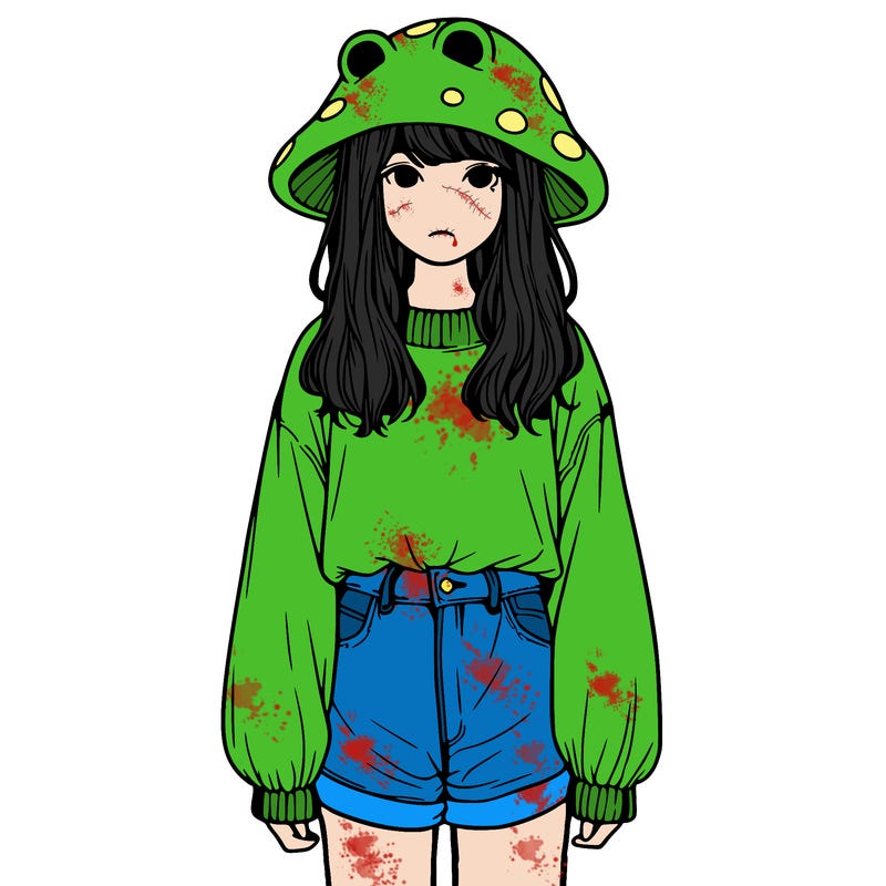 a realistic girl with a frog hat and baggy mushroom shirt