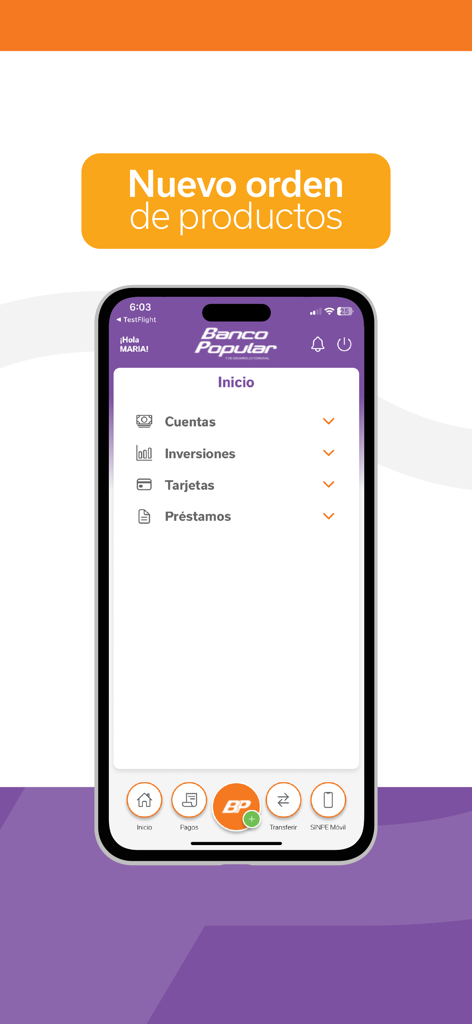 Schermata home dell'app Banca Movil BPDC che mostra le opzioni del menu per conti, investimenti, carte e prestiti