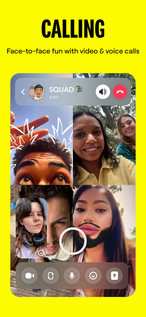 Tela do aplicativo Snapchat mostrando uma chamada de vídeo em grupo com amigos usando lentes e filtros AR criativos