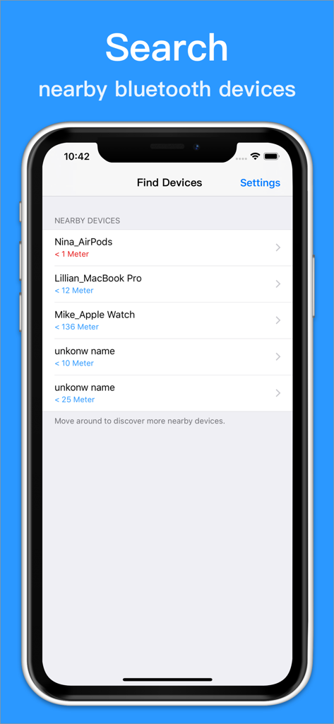 Find My Device-Find Bluetooth - Una interfaz de aplicación móvil que muestra una lista de dispositivos Bluetooth cercanos y su distancia estimada en metros