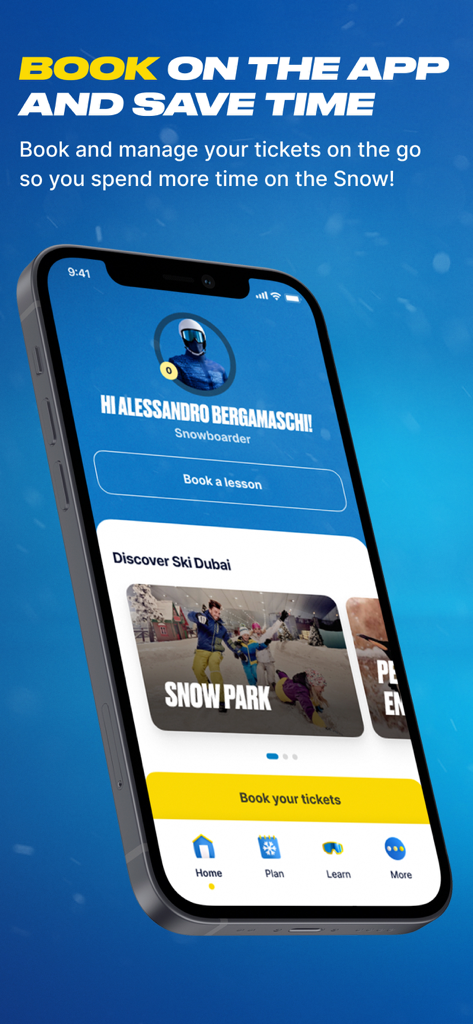 티켓 및 강습 예약을 위한 스키 두바이 모바일 앱 인터페이스