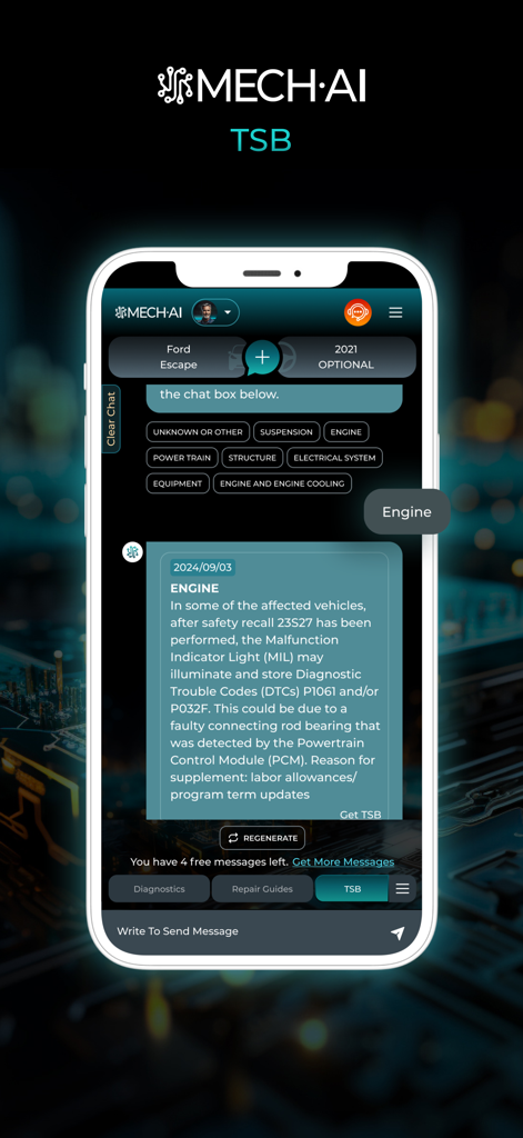 MECH.AI: Diagnostic & Repair - MECH.AI app interface displaying technical service bulletin details for car engine repair