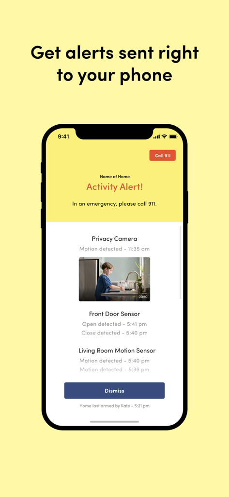 Kangaroo: Simple Home Security - Kangaroo security app interface showing home activity alerts and sensor logs