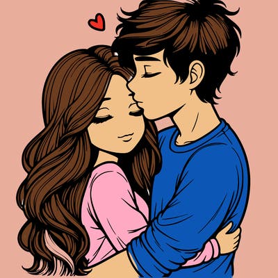 a realistic couple boy and girl hugging and kissing