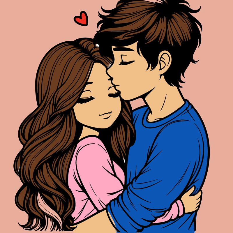a realistic couple boy and girl hugging and kissing