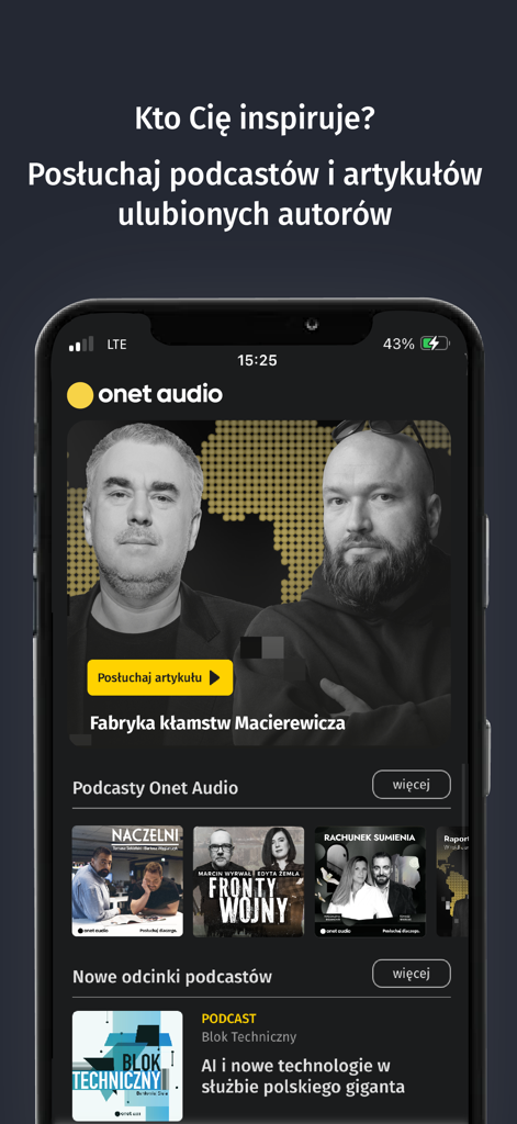 Onet Audio - Onet Audio mobile app interface showing Polish podcasts and audio articles