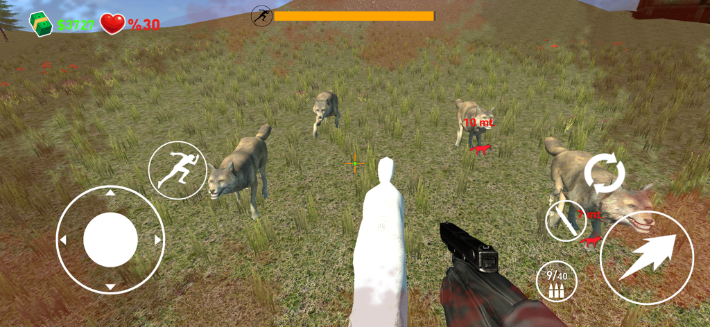 Beast Tracker: Survivor - フィールドでオオカミをピストルで狙うプレイヤーを示す最初の一人称狩猟ゲームプレイ。