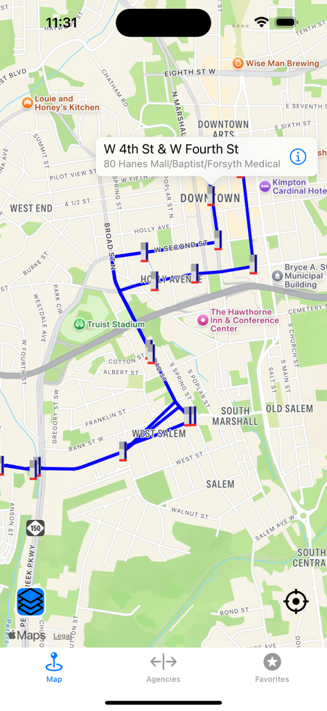 Mapa de rota de ônibus em tempo real e informações de parada no aplicativo TrackMyBus em Winston-Salem.