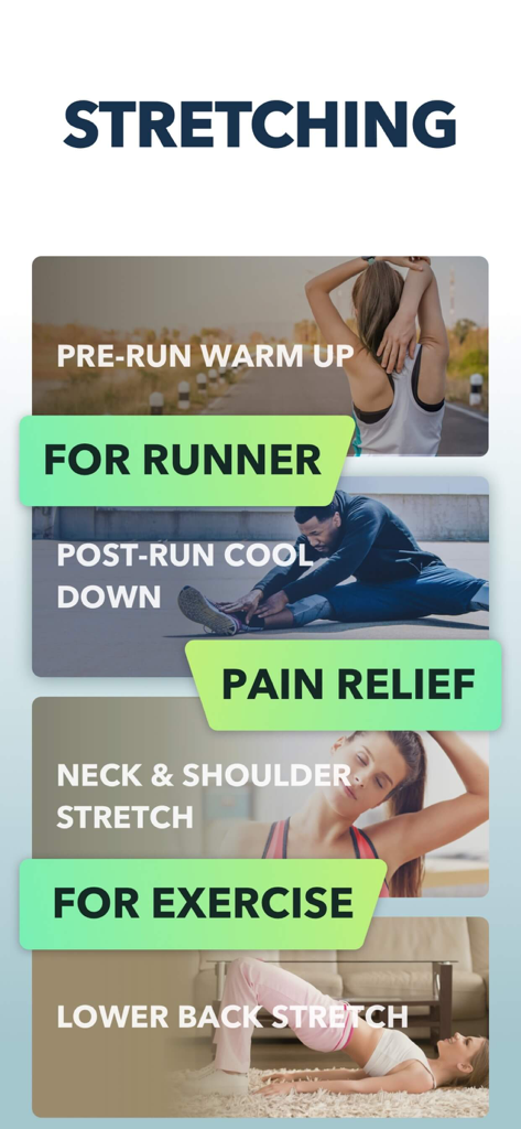 달리기 선수 통증 완화 및 운동 맨몸 운동 카테고리를 보여주는 스트레칭 앱 화면