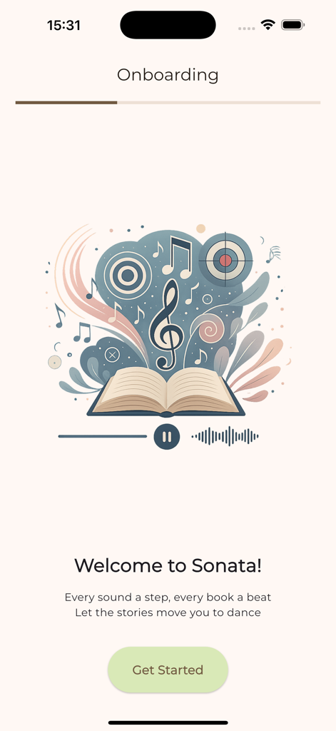 Sonata Story: Audiobooks - Welcome onboarding screen for Sonata Story Audiobooks showing a musical book illustration