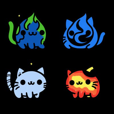 4 cats that represent the different elements, earth, water, air, and fire