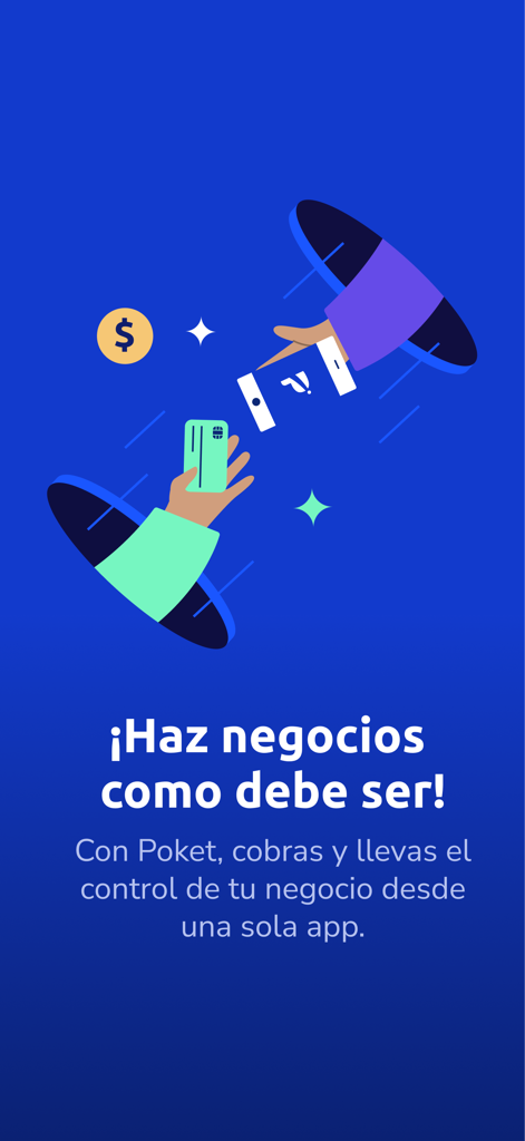 Ilustración de pago móvil para la aplicación Poket con texto en español sobre la gestión de tu negocio desde una sola aplicación.