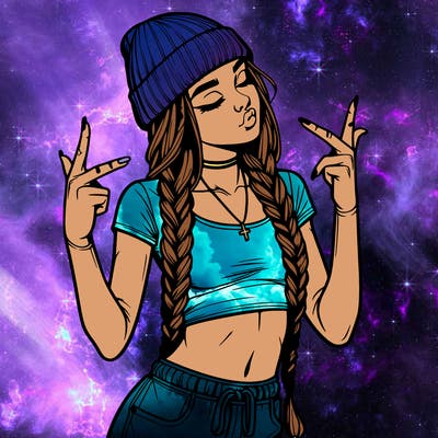 realistic teenage girl with braids and a beanie and crop top doing 🫶🏼