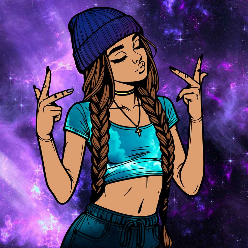 realistic teenage girl with braids and a beanie and crop top doing 🫶🏼