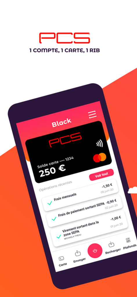 Dashboard of MyPCS mobile app displaying a prepaid card balance and transaction history