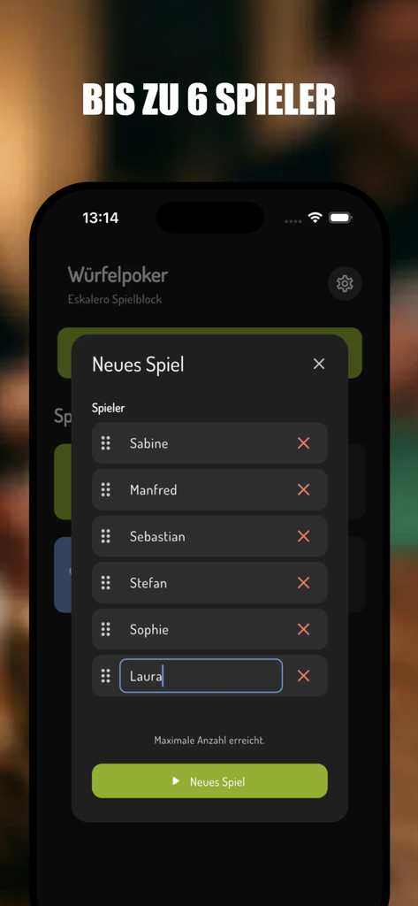 Escalero - Poker Dice Notepad - Player setup screen for Escalero Poker Dice Notepad showing a list of six players for a new game