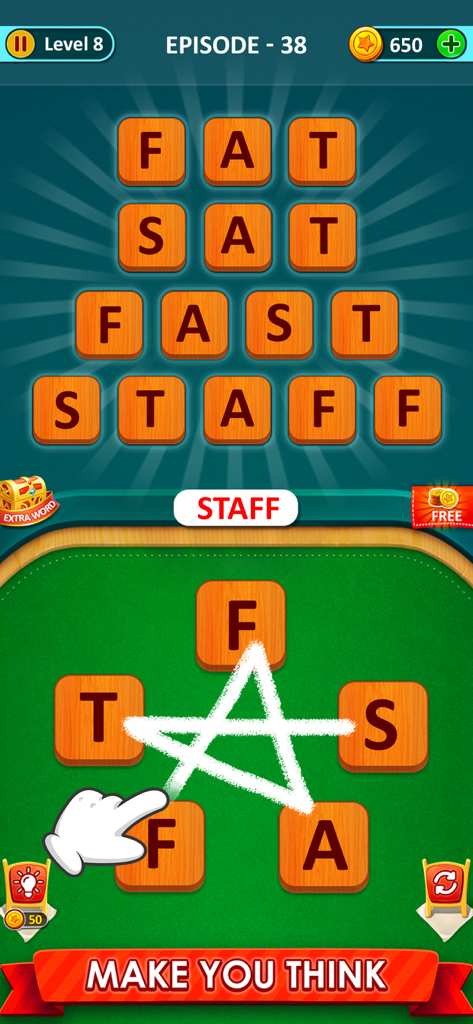 Word Game 2026: Word Connect - A gameplay screenshot of Word Game 2026 Word Connect showing a puzzle interface where letters are connected to form the word STAFF on wooden tiles