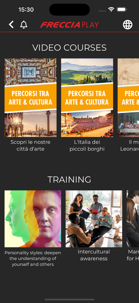 A screenshot of the FRECCIAPlay app showing educational video courses and professional training content.