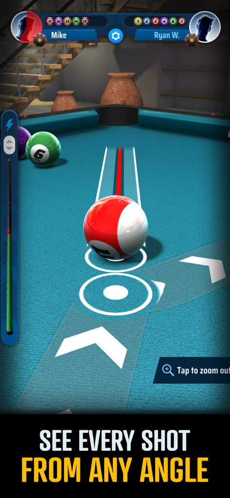 A 3D gameplay screenshot of Ultimate 8 Ball Pool showing a close up view of the cue ball and alignment guides on a blue pool table