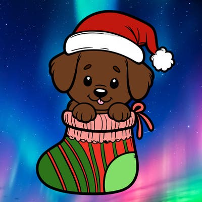 cute puppy wearing santa hat in socking