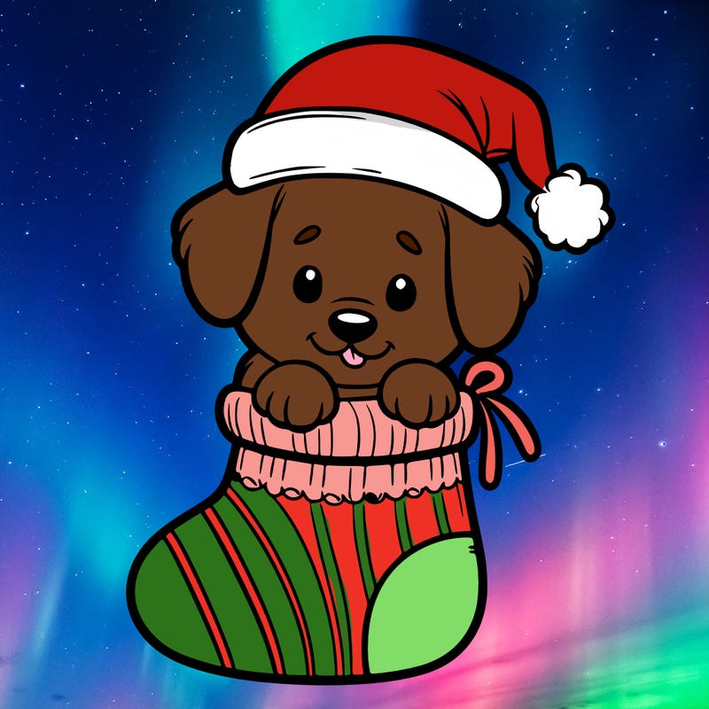 cute puppy wearing santa hat in socking