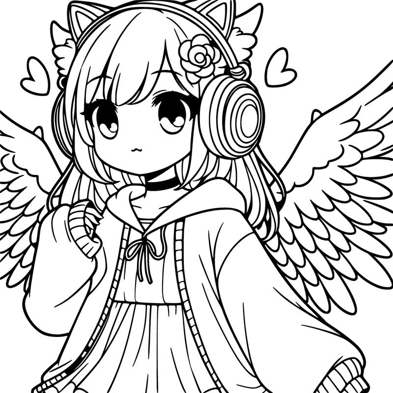 a girl with cat headphones and wings