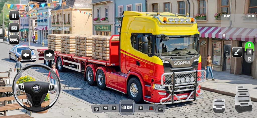 Depot Truck Simulator Games 3D - Camión rojo y amarillo transportando carga por una calle de la ciudad en un juego de simulación 3D