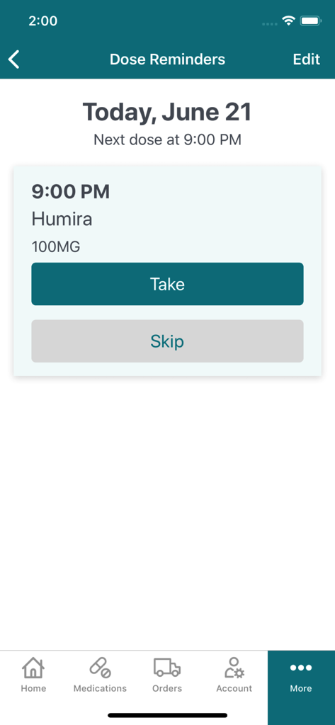 Accredo - Mobile screen for Accredo app dose reminders showing a 9 PM Humira dose with Take and Skip buttons.